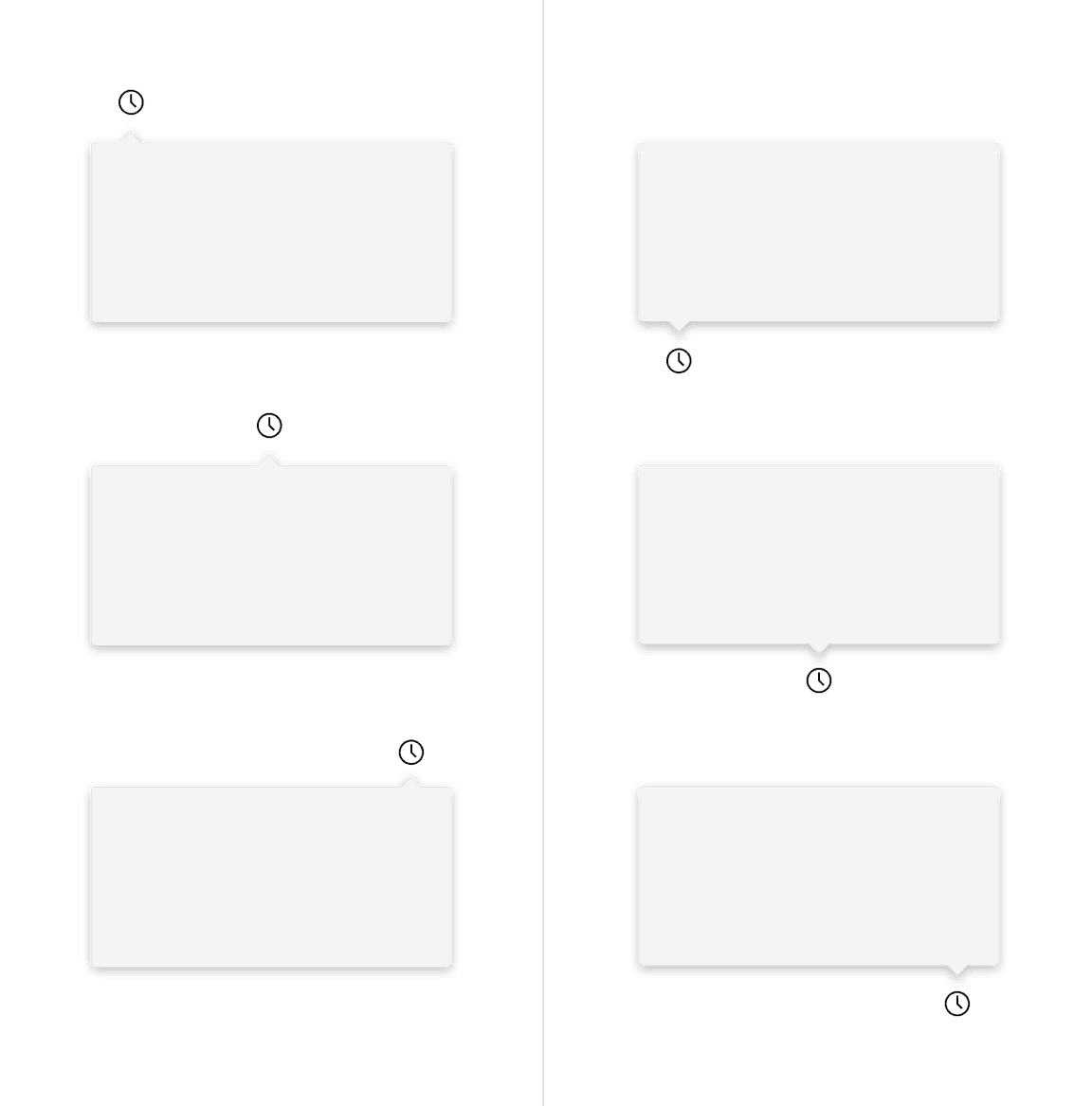Caret tip popover top and bottom directions with left, center, and right alignments. Caret tip popover top and bottom directions with left, center, and right alignments.